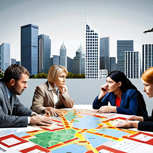 Home 15 **
"Tourism crisis management concept. Visual representation of a city skyline with warning signs for natural disasters (flood, earthquake) and economic downturn, highlighting the importance of contingency planning and risk assessment. Diverse people collaborating around a table with a risk assessment chart. Bright, professional, slightly futuristic."
**