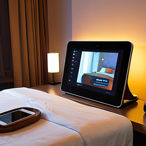 Home 14 A serene and hyper-personalized hotel room bathed in warm, inviting light. A guest is relaxing, and the room intuitively adjusts to their preferences via subtle smart technology: lights dimming, temperature optimizing, and personalized music softly playing from an integrated system. A sleek, interactive screen on the bedside table displays tailored local recommendations (e.g., a restaurant or activity suggestion) based on the guest's past preferences, subtly indicating the presence of AI. The aesthetic is modern, clean, and seamlessly blends comfort with cutting-edge technology, emphasizing an invisible, intuitive personal assistant at work.