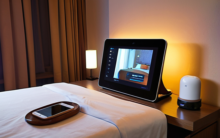 A serene and hyper-personalized hotel room bathed in warm, inviting light. A guest is relaxing, and the room intuitively adjusts to their preferences via subtle smart technology: lights dimming, temperature optimizing, and personalized music softly playing from an integrated system. A sleek, interactive screen on the bedside table displays tailored local recommendations (e.g., a restaurant or activity suggestion) based on the guest's past preferences, subtly indicating the presence of AI. The aesthetic is modern, clean, and seamlessly blends comfort with cutting-edge technology, emphasizing an invisible, intuitive personal assistant at work.