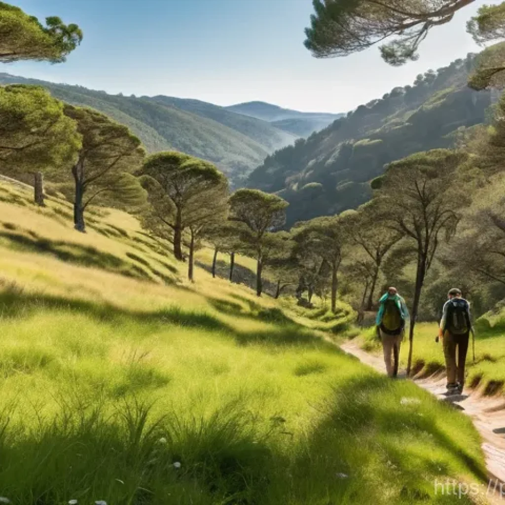 에코 관광 - **"Ecotourist hiking in Peneda-Gerês National Park, Portugal.** A diverse group of friends, aged 20s...