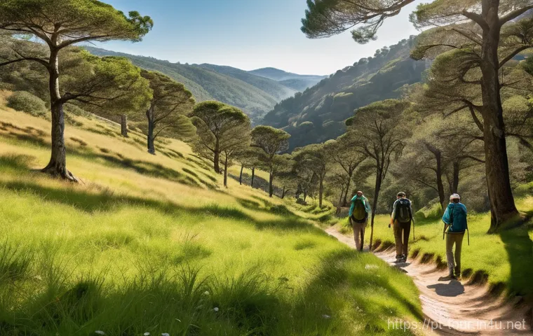 에코 관광 - **"Ecotourist hiking in Peneda-Gerês National Park, Portugal.** A diverse group of friends, aged 20s...
