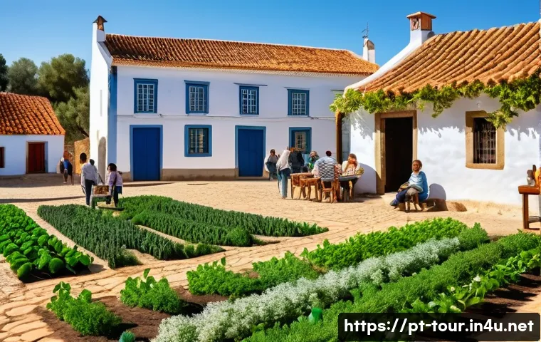 관광 산업의 미래 - **Sustainable Village Life in Alentejo, Portugal:** A vibrant, photorealistic image depicting a pict...