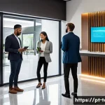 Home 19 호텔업 - A modern hotel lobby featuring a sleek digital check-in kiosk with a diverse group of guests using t...