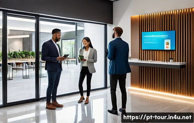 호텔업 - A modern hotel lobby featuring a sleek digital check-in kiosk with a diverse group of guests using t...