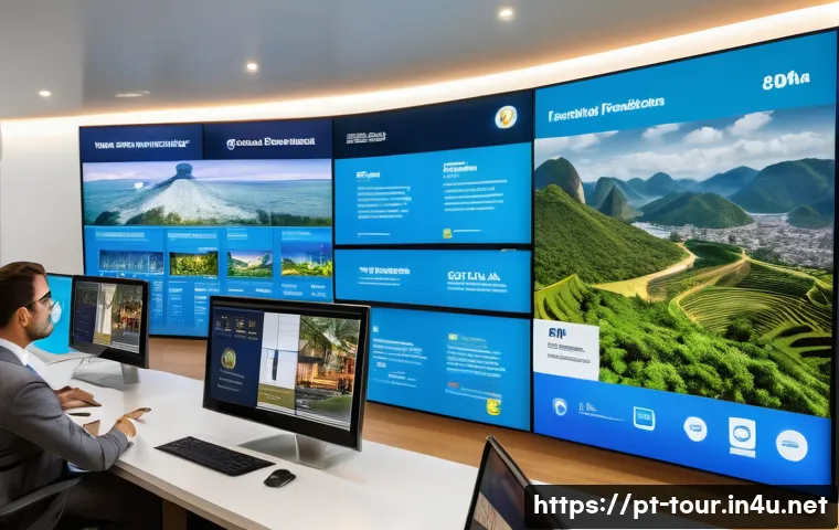 관광 연구에서의 데이터 분석 - A vibrant, modern tourism marketing control room filled with diverse professionals analyzing large i...