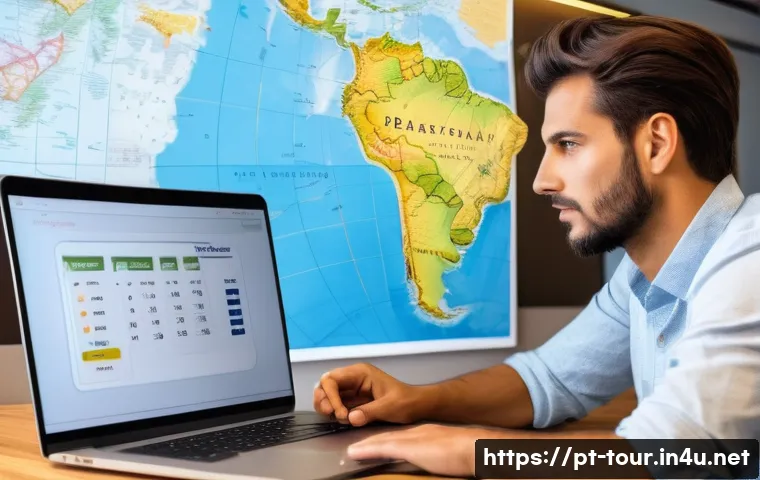 관광 재해 및 대처 방안 - A detailed travel planning scene showing a Portuguese-speaking traveler preparing for a trip to Braz...