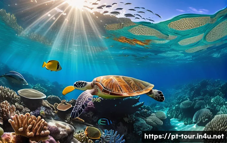 해양 생태 관광 - A vibrant underwater scene of a diverse coral reef ecosystem in clear tropical waters off the coast ...