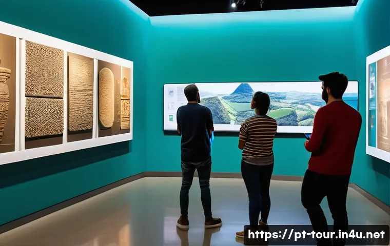관광 혁신 기술 - A vibrant scene inside a modern museum in Brazil where a diverse group of tourists, all wearing casu...