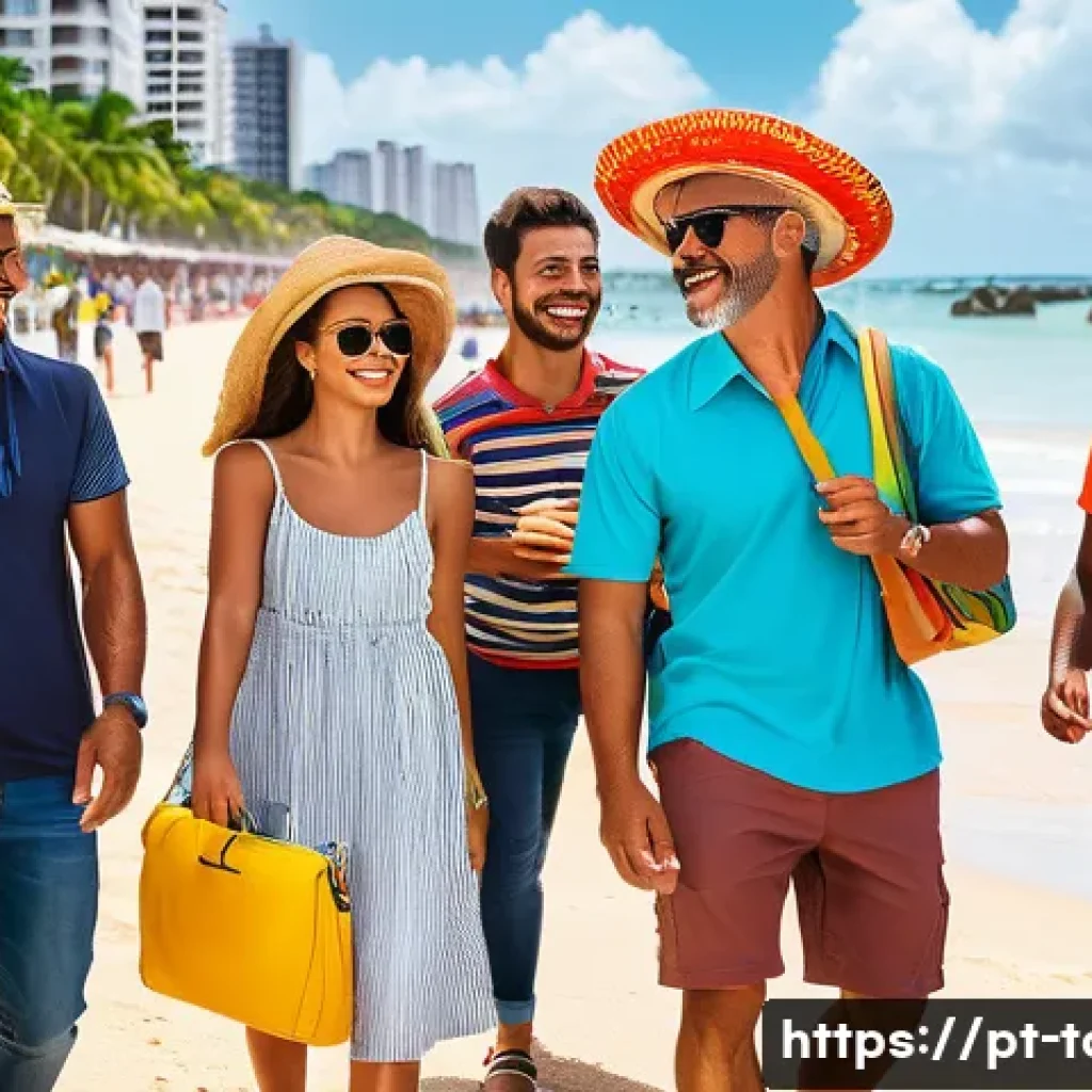 관광업에서의 고객 경험 개선 - A vibrant Brazilian coastal tourist scene showcasing a diverse group of travelers enjoying a persona...
