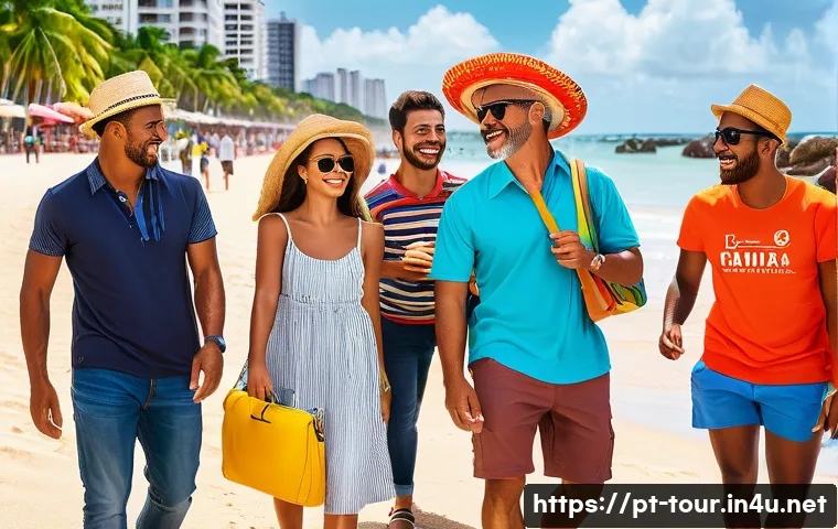관광업에서의 고객 경험 개선 - A vibrant Brazilian coastal tourist scene showcasing a diverse group of travelers enjoying a persona...