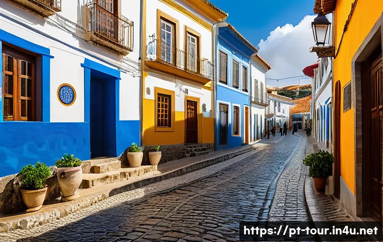 관광학과 사회학의 관계 - A vibrant street scene in a traditional Portuguese village, showcasing diverse tourists interacting ...