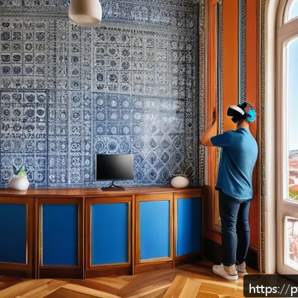 글로벌 관광 트렌드 분석 - A vibrant scene of a tourist using a virtual reality headset inside a cozy living room, exploring a ...
