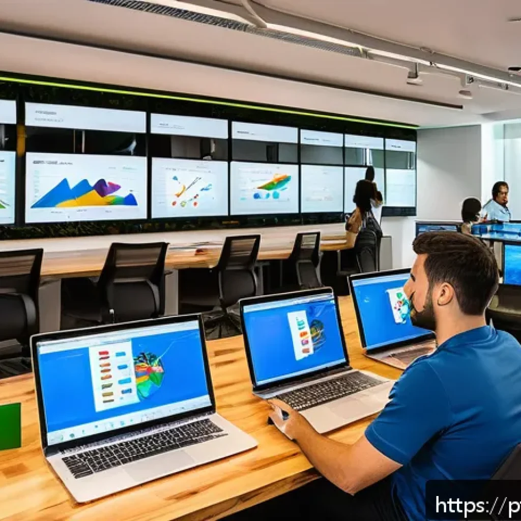 관광학 연구 방법론 - A vibrant digital marketing control room focused on tourism analytics, featuring large screens displ...