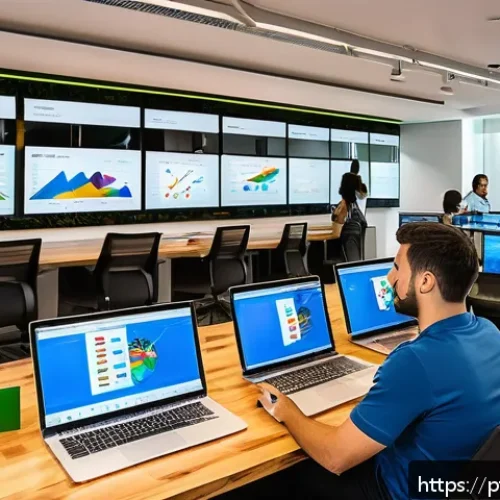 관광학 연구 방법론 - A vibrant digital marketing control room focused on tourism analytics, featuring large screens displ...