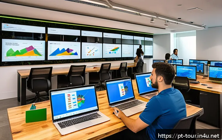 관광학 연구 방법론 - A vibrant digital marketing control room focused on tourism analytics, featuring large screens displ...