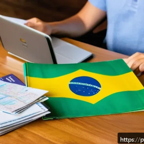 관광 사고 예방 교육 - A detailed scene of a traveler preparing for a trip in Brazil, sitting at a wooden desk covered with...