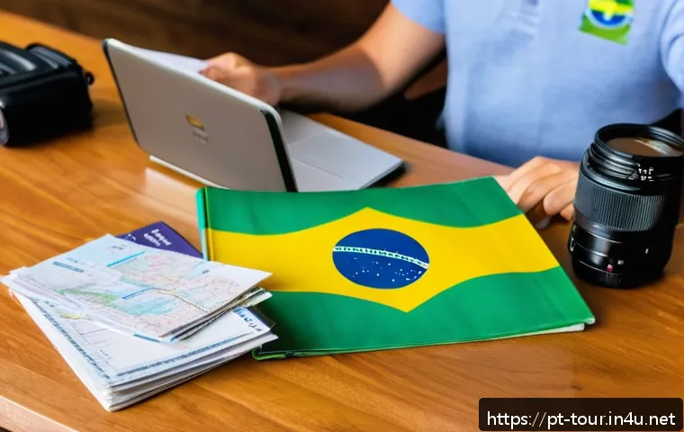 관광 사고 예방 교육 - A detailed scene of a traveler preparing for a trip in Brazil, sitting at a wooden desk covered with...