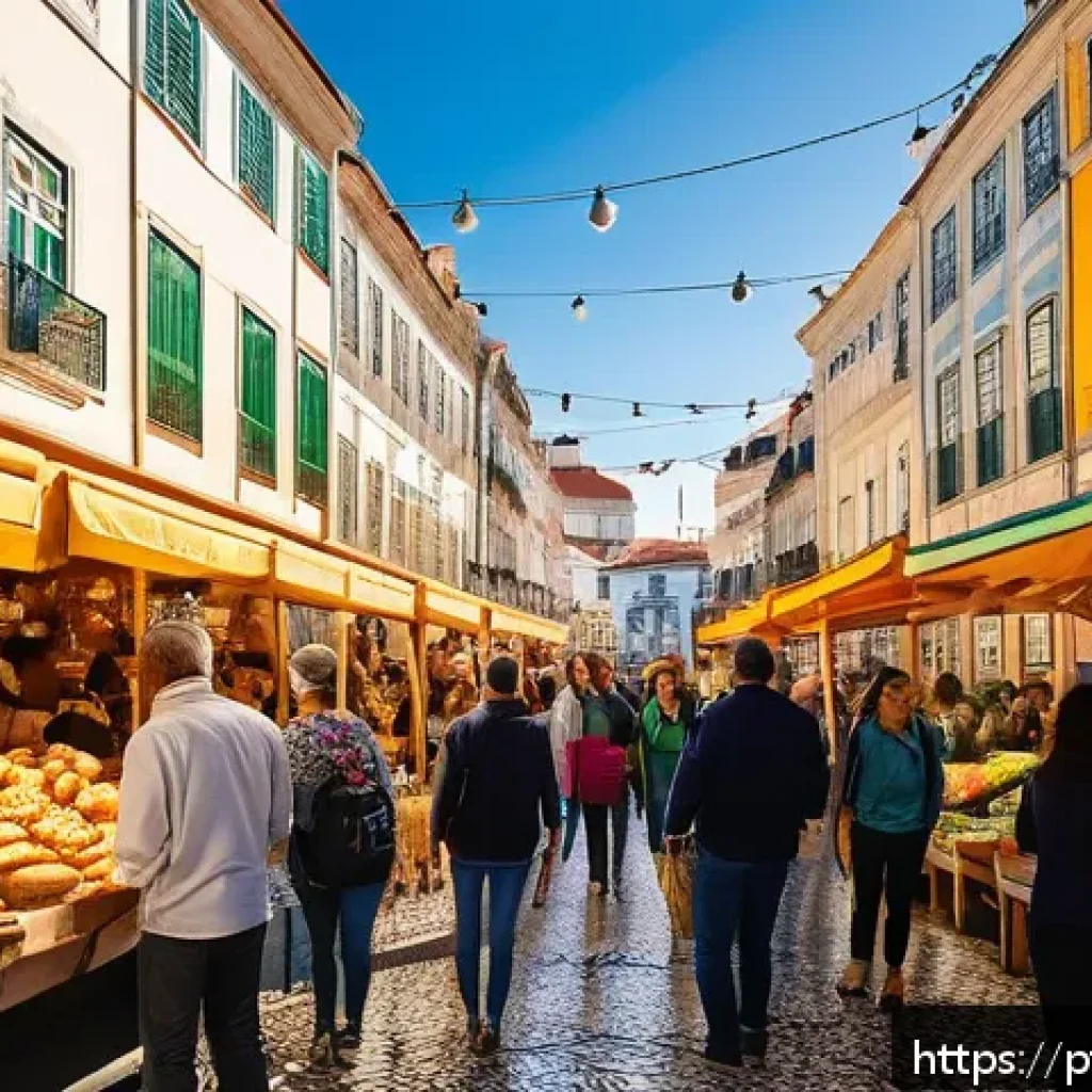 관광 컨설팅 - A vibrant street scene in Lisbon showcasing a local food and culture tour: diverse tourists enjoying...