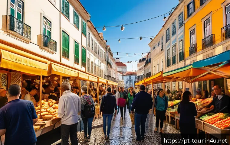 관광 컨설팅 - A vibrant street scene in Lisbon showcasing a local food and culture tour: diverse tourists enjoying...