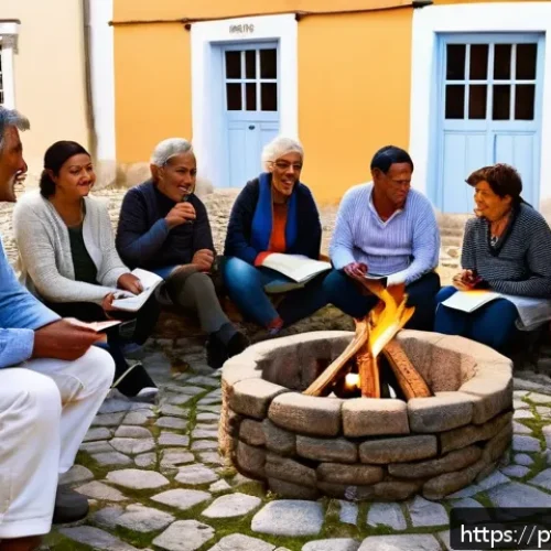 관광객 리텐션 전략 - A charming small Portuguese village scene during a storytelling workshop, featuring diverse local re...