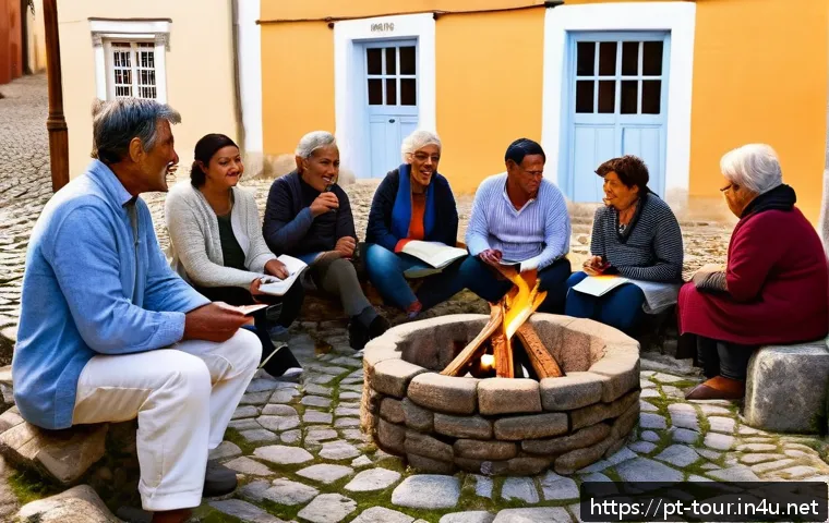 관광객 리텐션 전략 - A charming small Portuguese village scene during a storytelling workshop, featuring diverse local re...