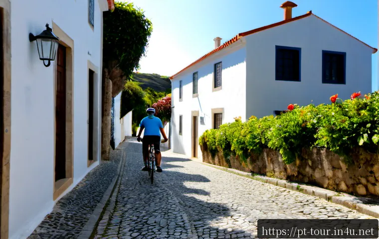 지속 가능한 관광 모델 - Photorealistic sustainable tourism scene in a charming Portuguese coastal village, small group of di...