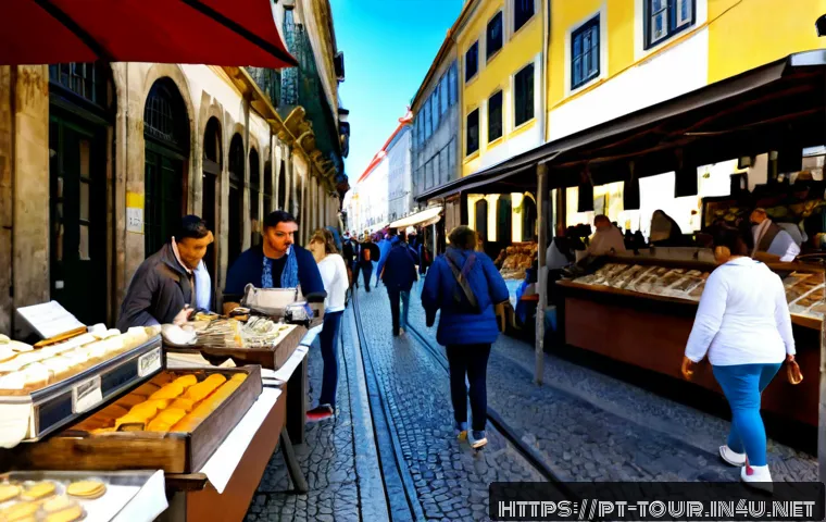 유럽 관광 시장 - Photorealistic European tourism market scene in Lisbon, Portugal, diverse adult travelers browsing a...